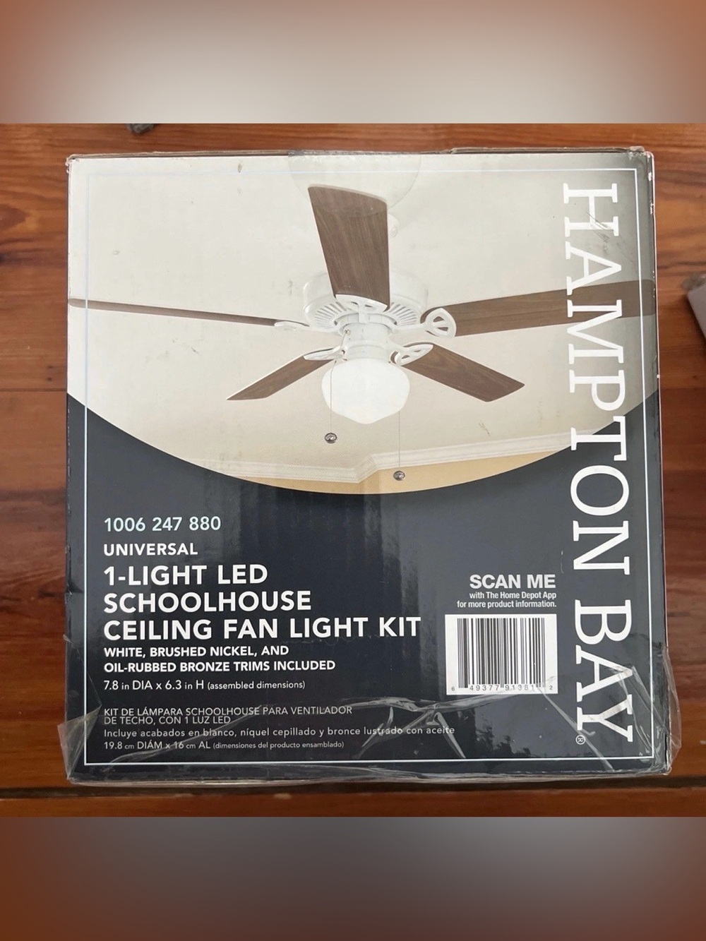 Hampton Bay Univeral 1-light LED Schoolhouse Ceiling Fan Light Kit, 3 Finishes